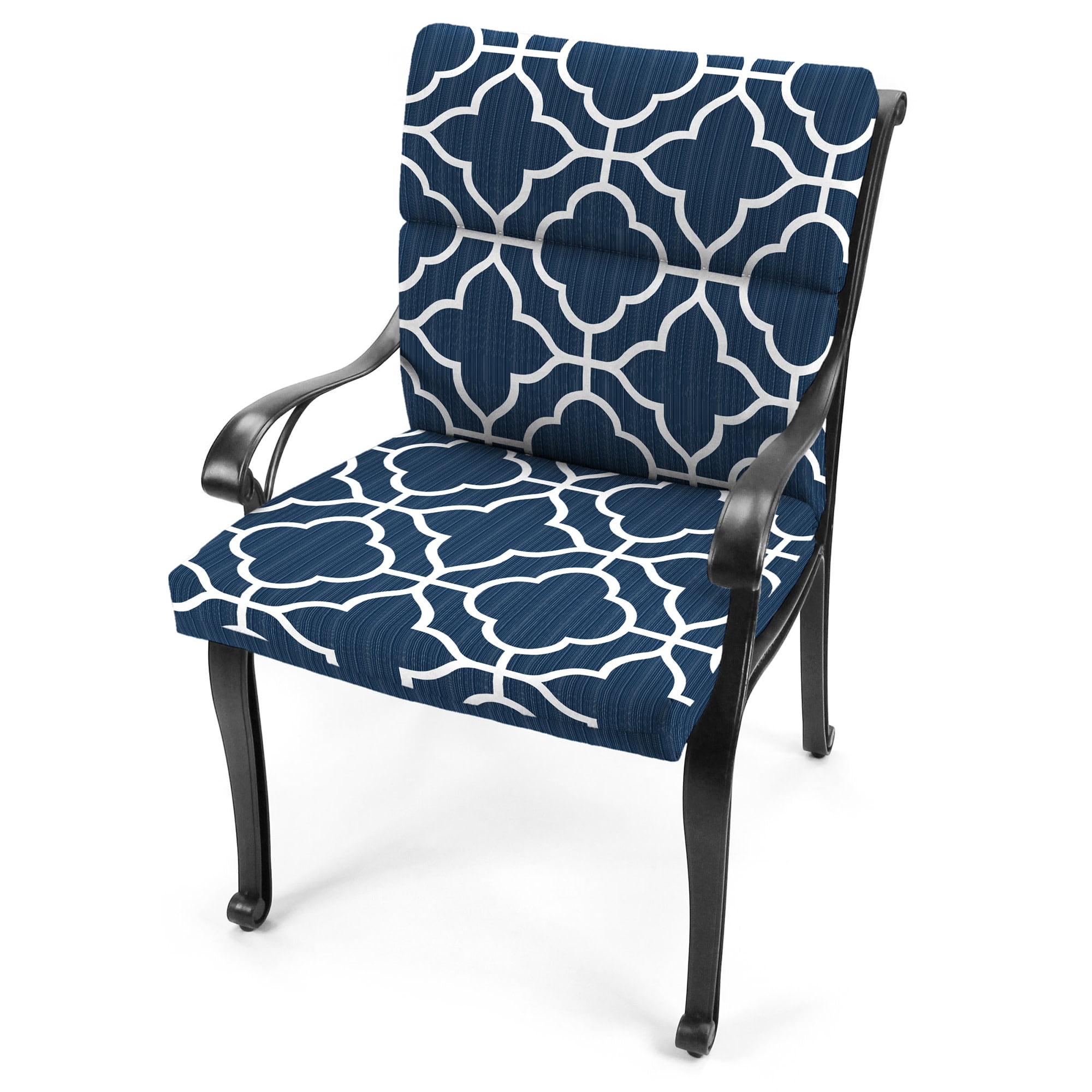 Jordan Manufacturing 44" x 22" Fandango Oceanic Blue Quatrefoil and Chestnut Oceanic Blue Stripe Reversible Rectangular Outdoor Chair Cushion with Ties and Hanger Loop