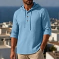 thumbnail image 3 of Hoodie Long Sleeve Shirts for Men Cotton Linen Solid Color Buttons Drawstring Casual Top Summer Vintage Fashion Comfort Loose Pullover Shirt, 3 of 9