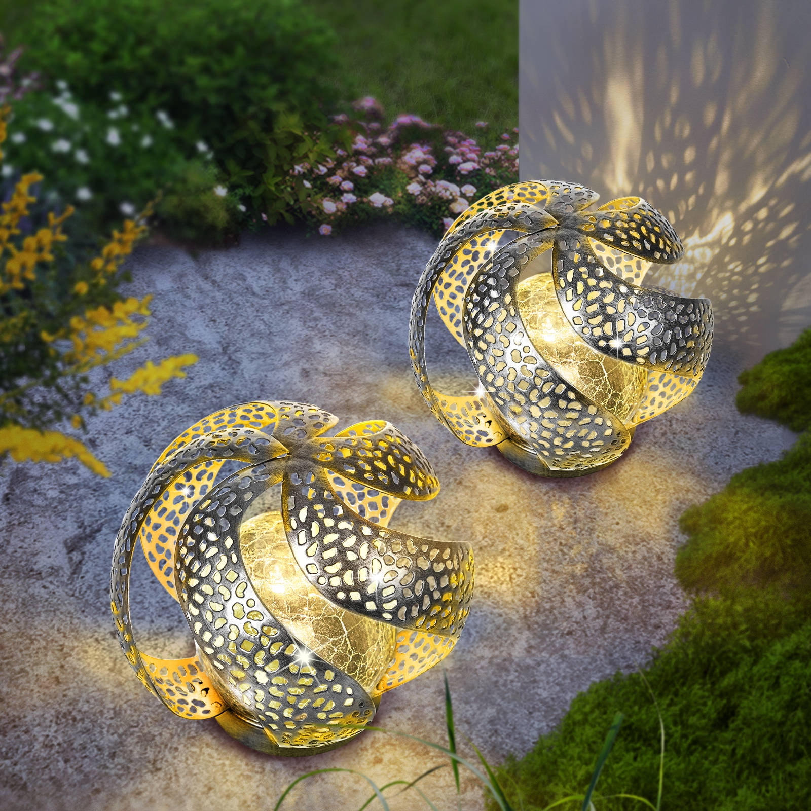 Waitmin Solar Waterproof  Lights Outdoor Garden Decor, Silvery Metal Decorative with Crackle Glass Globe,   Decorative Yard Art Lawn