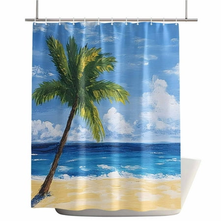 Shower Curtains for Bathroom-72"x72",Modern Ocean Coconut Tree Waterproof Bath Curtain Grommet Shower Curtain Set with Hooks,Summer Coastal Blue Sky Washable Bath Accessories