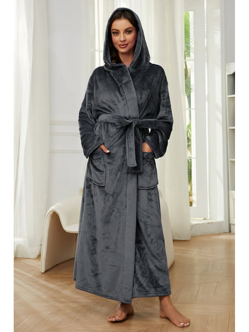 HEARTNICE Women's Long Hooded Robe - Soft Fleece Bathrobe With Pockets Full Length