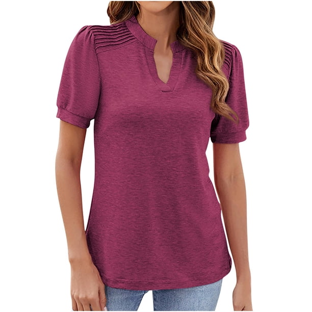 Blusas para las Mujeres Casual Manga Corta V-Cuello Suéter Color Sólido, Moda Poliéster/Spandex para el Hogar Y Diario