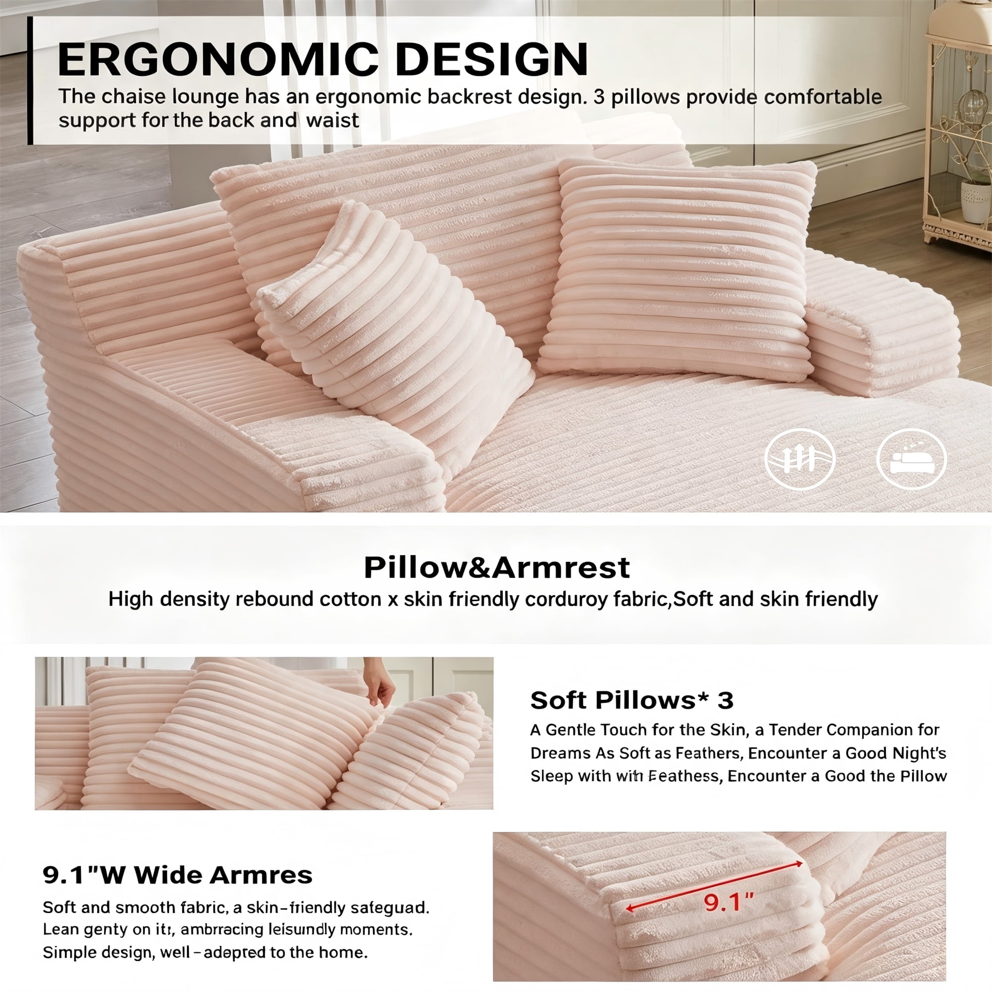 Aukfa 66" Oversized Chaise Lounge Indoor Chair Boneless Couch for Living Room Bedroom, 3Pillows, Pink