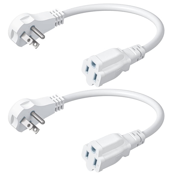 DEWENWILS 1ft Short Extension Cords for Indoor White Color 14/3 Gauge 3 Prong Outlet Flat Plug 2 Pack