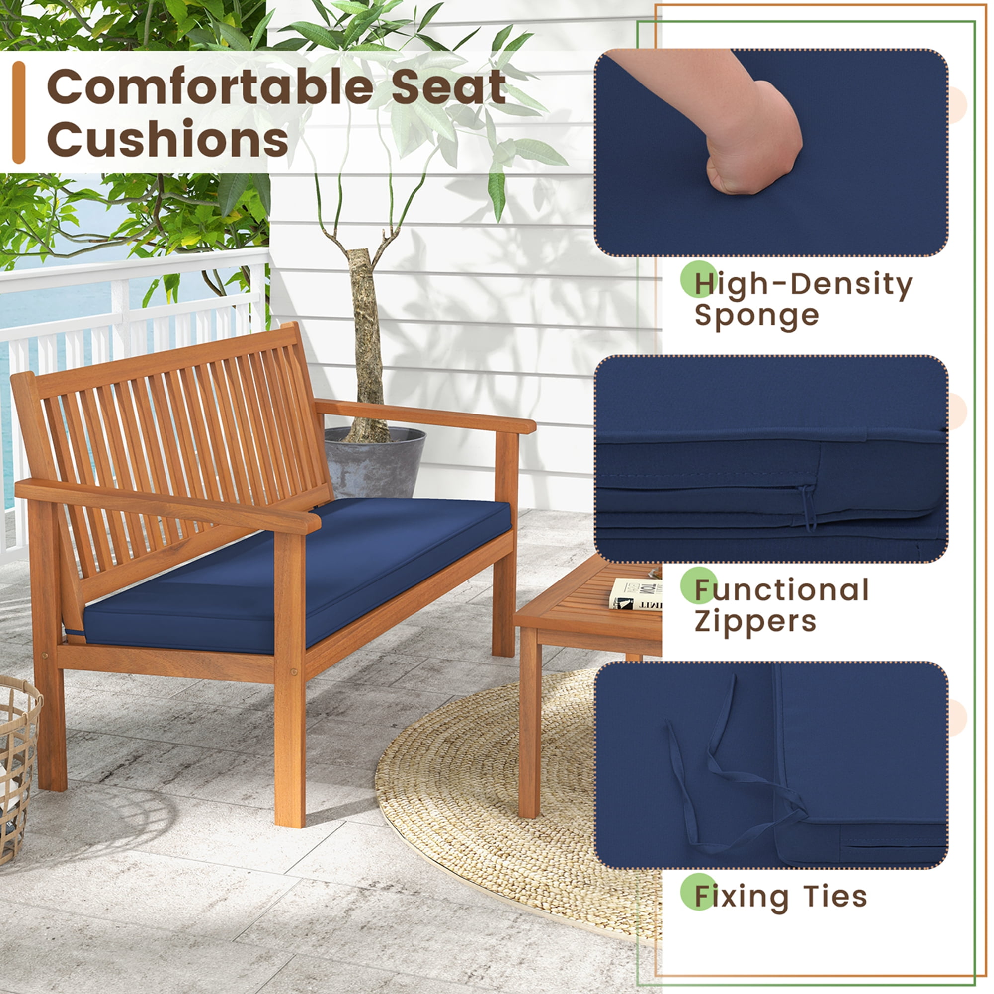 Costway 4 PCS Patio Wood Furniture Set with Loveseat, 2 Chairs & Coffee Table for Porch Navy