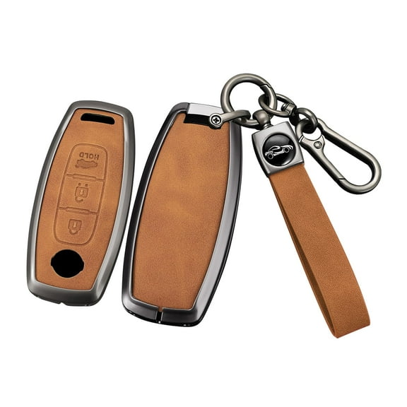 Metal Leather 3 Button Smart Key Fob Cover Fit for Nissan Pathfinder 2023 Ariya Kicks X-Trail Rogue Accessories Keyless Key Holder with Keychain