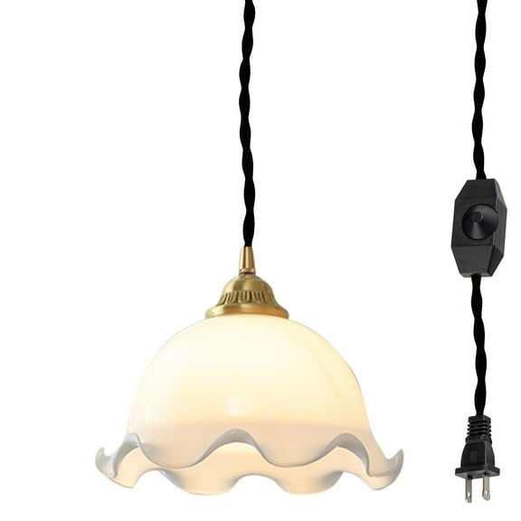 Kiven Plug-in Pendant Light with Dimmable Light Cord (15ft), Glass Shade French Living Dining Pendant Light, Bulb Not Included