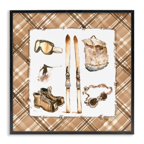 Stupell Industries Farmhouse Winter Sports on Plaid Black Framed Giclee Art, 12 x 12, by Geoff Allen