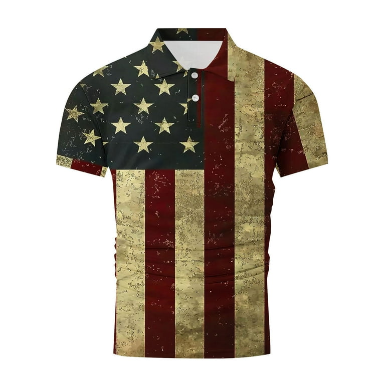 UVEASISHA Men's Golf Shirts American Flag Distressed Print Polos
