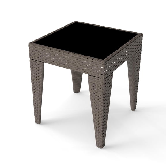 PPL Outdoor Side Table - Wicker Square Patio Table for Porch, Tempered Glass Top Small Outdoor End Table with Sturdy Metal Frame