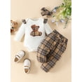 thumbnail image 2 of Wassery 3Pcs Infant Baby Girls Fall Outfit 3 6 9 12 18 Months Newborn Long Sleeve Romper Tops + Plaid Long Pants Headband Casual Pullover, 2 of 9
