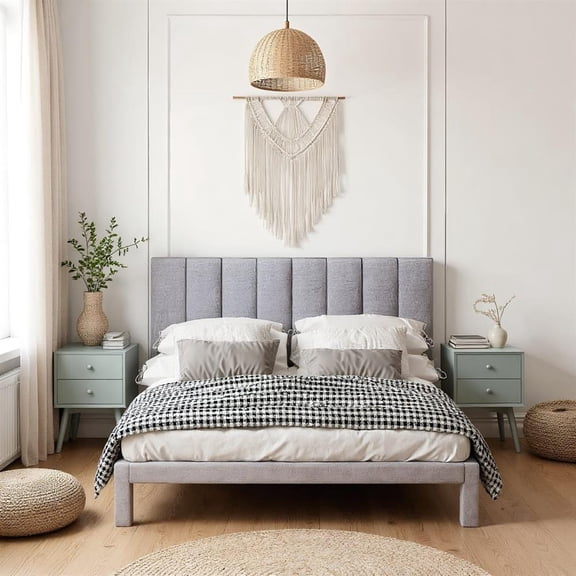 Topcobe Linen Upholstered Headboard with Solid Wood Feet and Adjustable Width Headboard, Vertical Stripe, Gray
