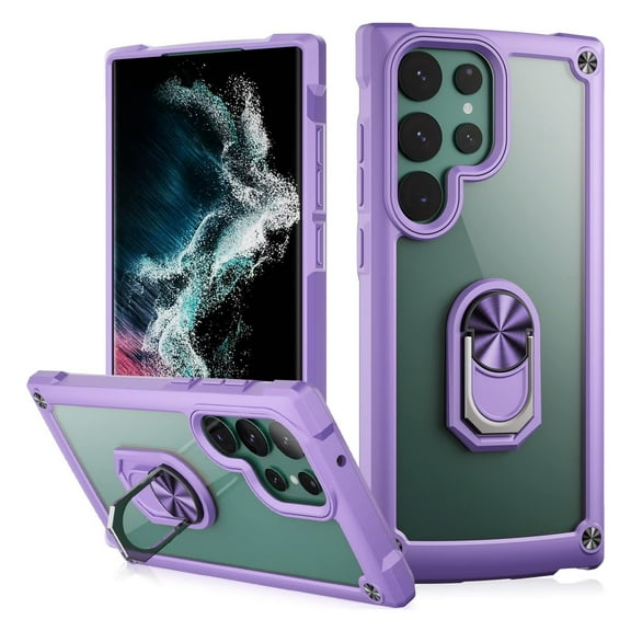Dteck for Samsung S24 Ultra Case, Shockproof Crystal Clear Anti-Yellow Heavy Duty Acrylic Protective Phone Case with Magnetic Kickstand Cover, Purple