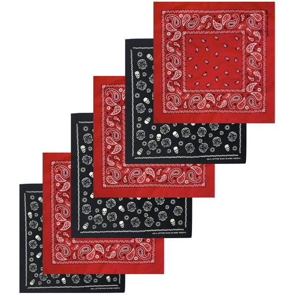 ToBeInStyle Unisex 6-Pack Classic Cotton Graphic Bandanas Scarves Facial Cover- 6-Pack - 3 Black 3 Red