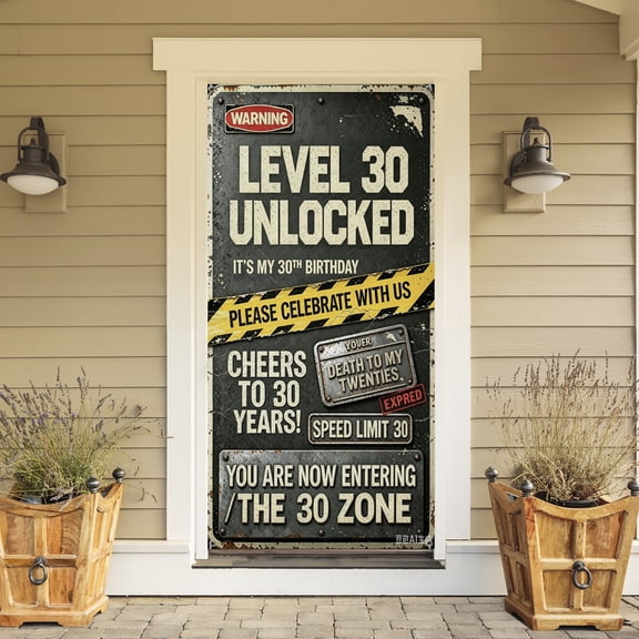 30th Birthday Decorations Men Women, Caution Logo Level 30 Unlocked Banner Backdrop, Funny 30 Years Old Yard Wall Signs Door Cover, Black 30 Zone Party Supplies