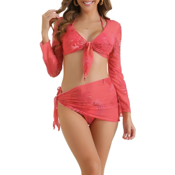 Conjuntos de bikini halter ajustables para mujeres INSPIRE CHIC de 4 piezas con cubierta pequeña en rojo rosa