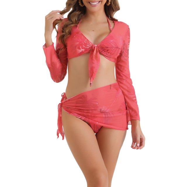 Conjuntos de bikini halter ajustables para mujeres INSPIRE CHIC de 4 piezas con cubierta pequeña en rojo rosa