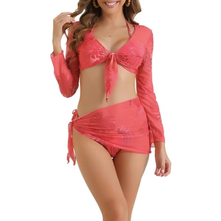 Elerevyo Women s Drawstring Halter Bikini Sets  4 Piece Tie Back Swimsuit Triangle Bottoms Cover Up Tops Bottoms Small Roes Red