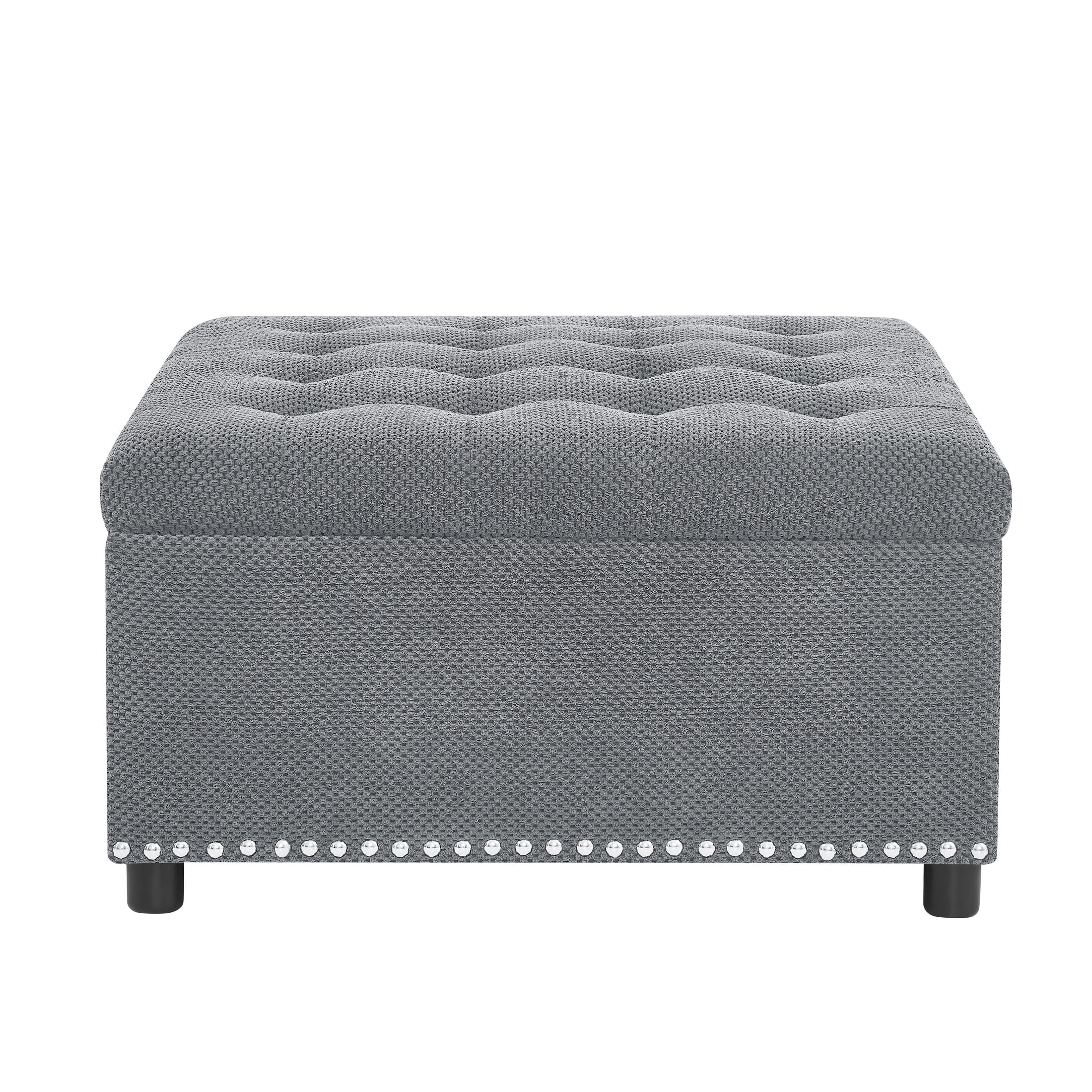 Noble House 30" Square Storage Ottoman with Tufted Top, Nailhead Trim, Light Gray