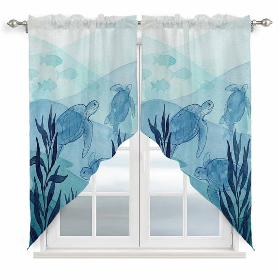 Blue Coastal Swag Curtains for Kitchen/Bedroom/Living Room, Beach Sea Turtle Ocean Nautical Botanical Scalloped Curtains 63 Inch Long, Window Swag Topper Curtains Valances 2 Panels Set 36"x63"