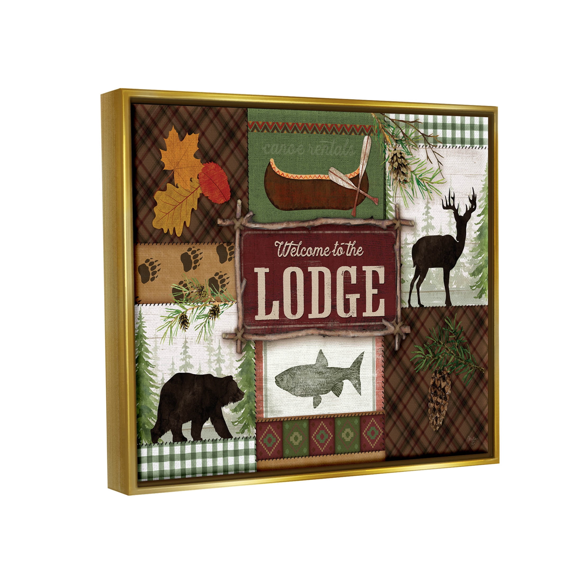 Welcome Lodge Plaid Wildlife Sign Animals & Insects Graphic Art Metallic Gold Framed Art Print Wall Art