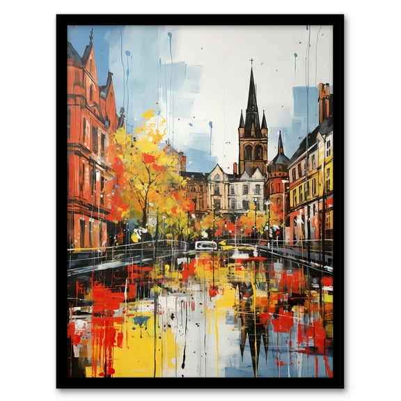 Glasgow Cityscape Vibrant Oil Painting Red Yellow Autumn In Scotland Art Print Framed Poster Wall Decor 12x16 inch