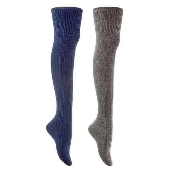 Lian Style Women's 2 Pairs Long Lasting, Colorful and Fancy Thigh High Over the Knee High Cotton Socks JMYP1025 Size 6-9 Navy, Dark Grey