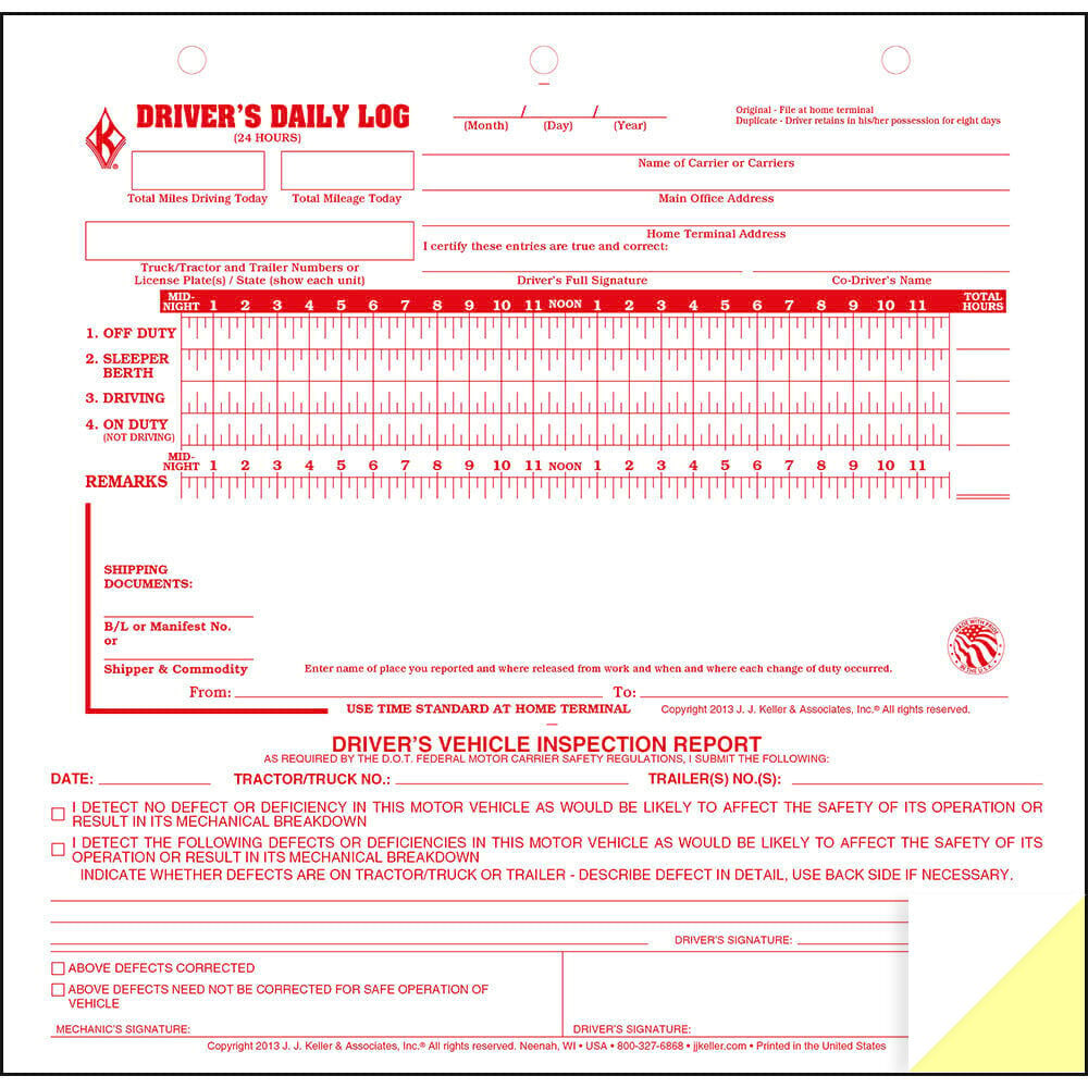 Mid-Size Driver Daily Log 5-pk. w/Simplified Driver Vehicle Inspection Report - Shrinkwrapped Loose-Leaf Format, 2-Ply Carbonless, 8.5" x 8.25", 31 Sets of Forms Per Unit - J. J. Keller & Associates