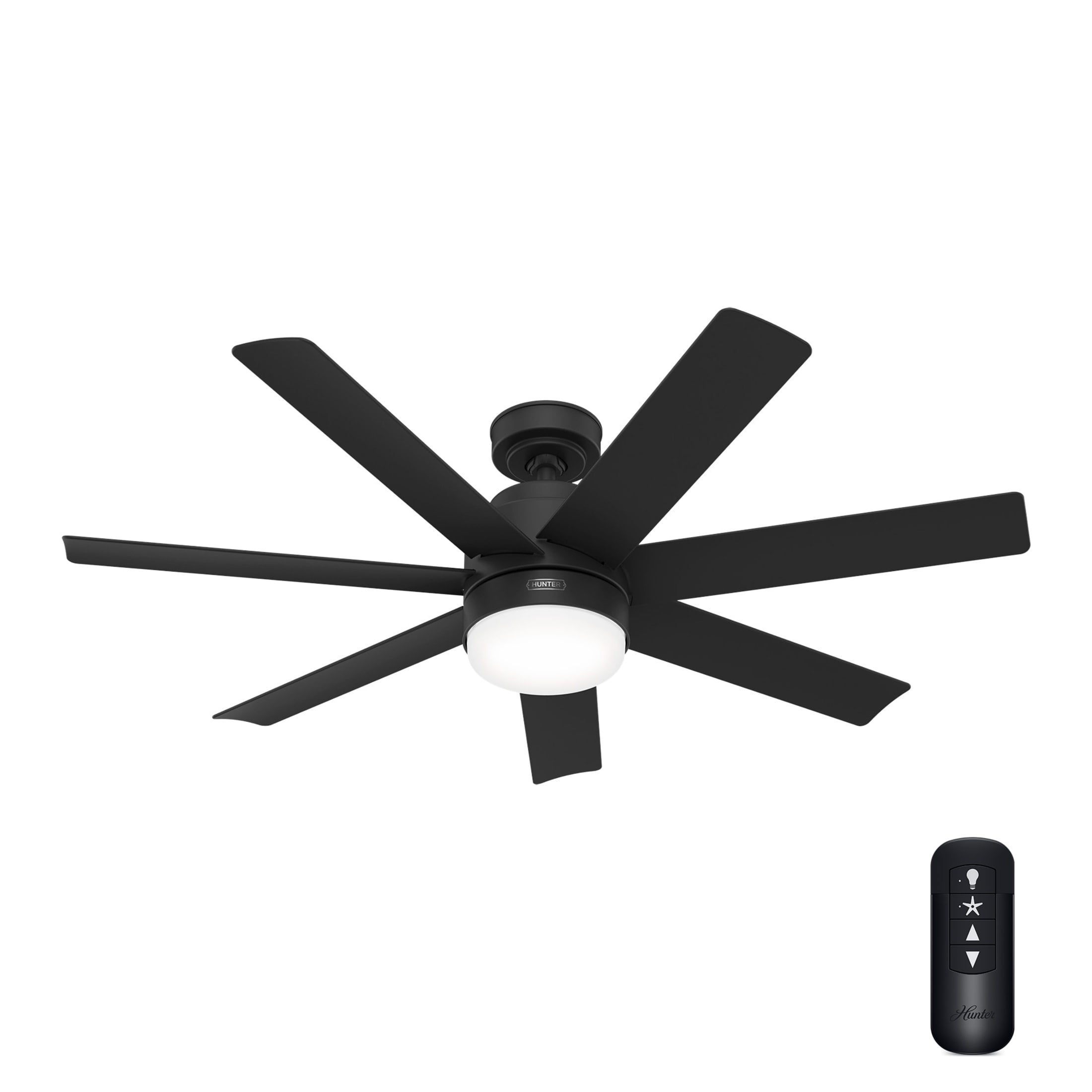 Hunter - Brazos Indoor/Outdoor Ceiling Fan With Light, Remote, 52-inch, Matte Black, Casual-style, 6-speed, Energy Star, 51535, for Porches, Bathrooms