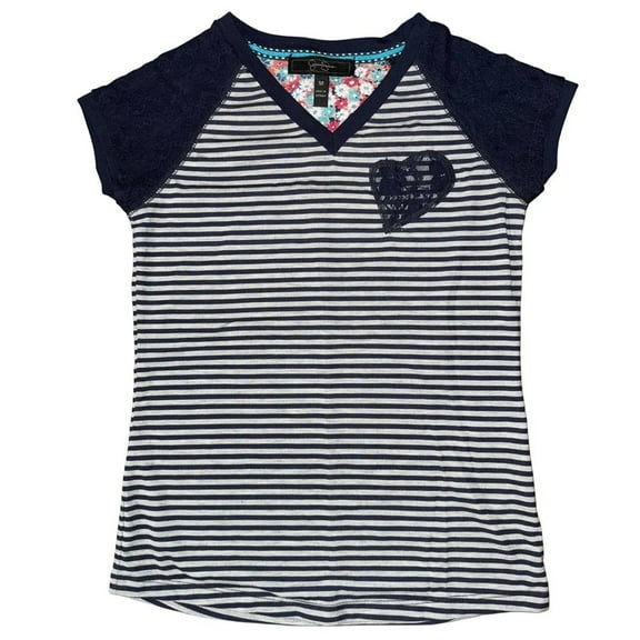 Jessica Simpson Big Girl's Blue Striped Shirt with Lace Overlay (Medium 10/12)