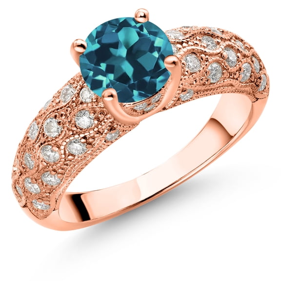 Gem Stone King 18K Rose Gold Plated Silver London Blue Topaz and White Moissanite Engagement Ring for Women (2.04 Cttw, Round 7MM, Gemstone November Birthstone, Size 9)