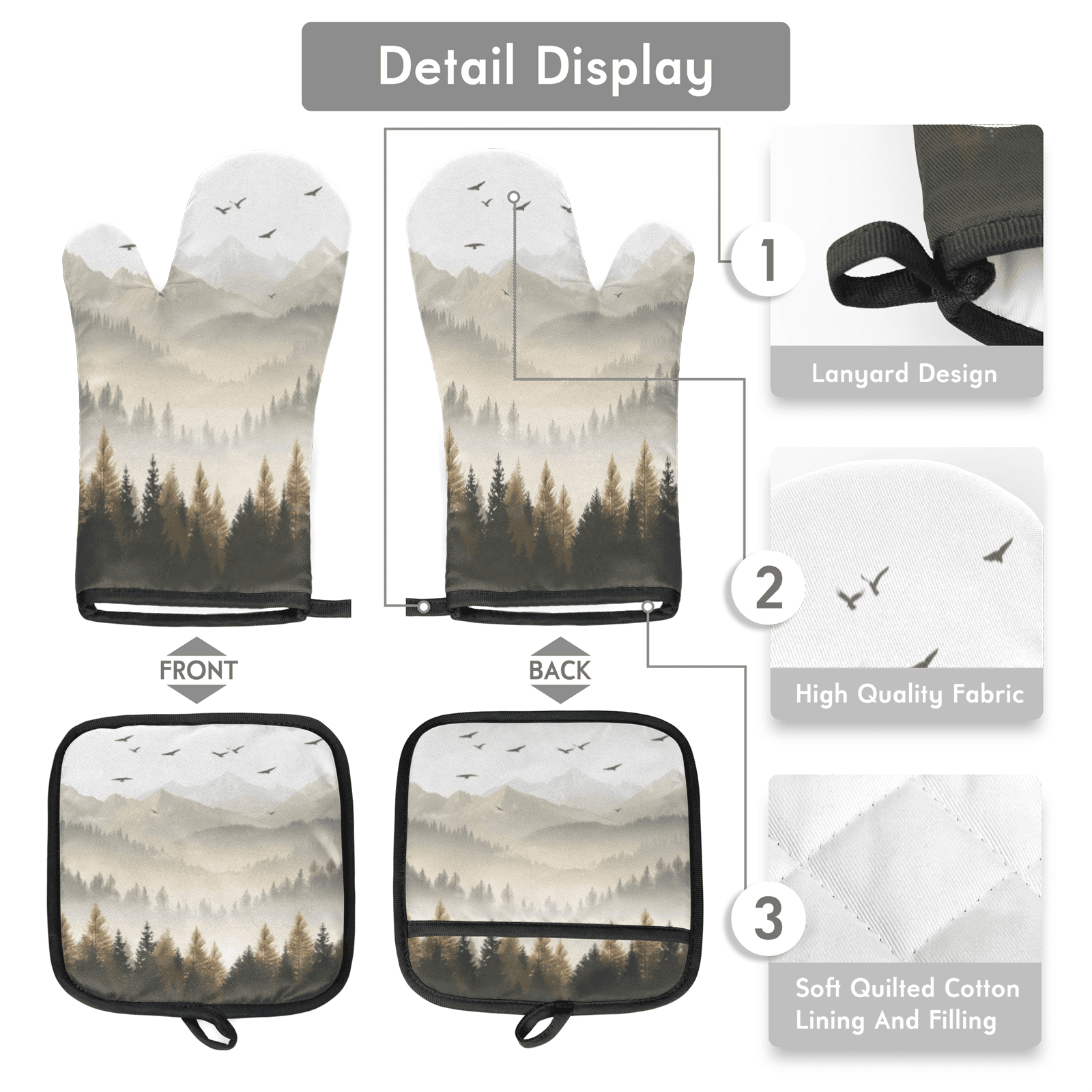 CURLYOOT Landscape Misty Forest Oven Mitts and Pot Holders Sets of 2, Non-Slip Washable Hot Pads and Oven Gloves for Kitchen Cooking Baking