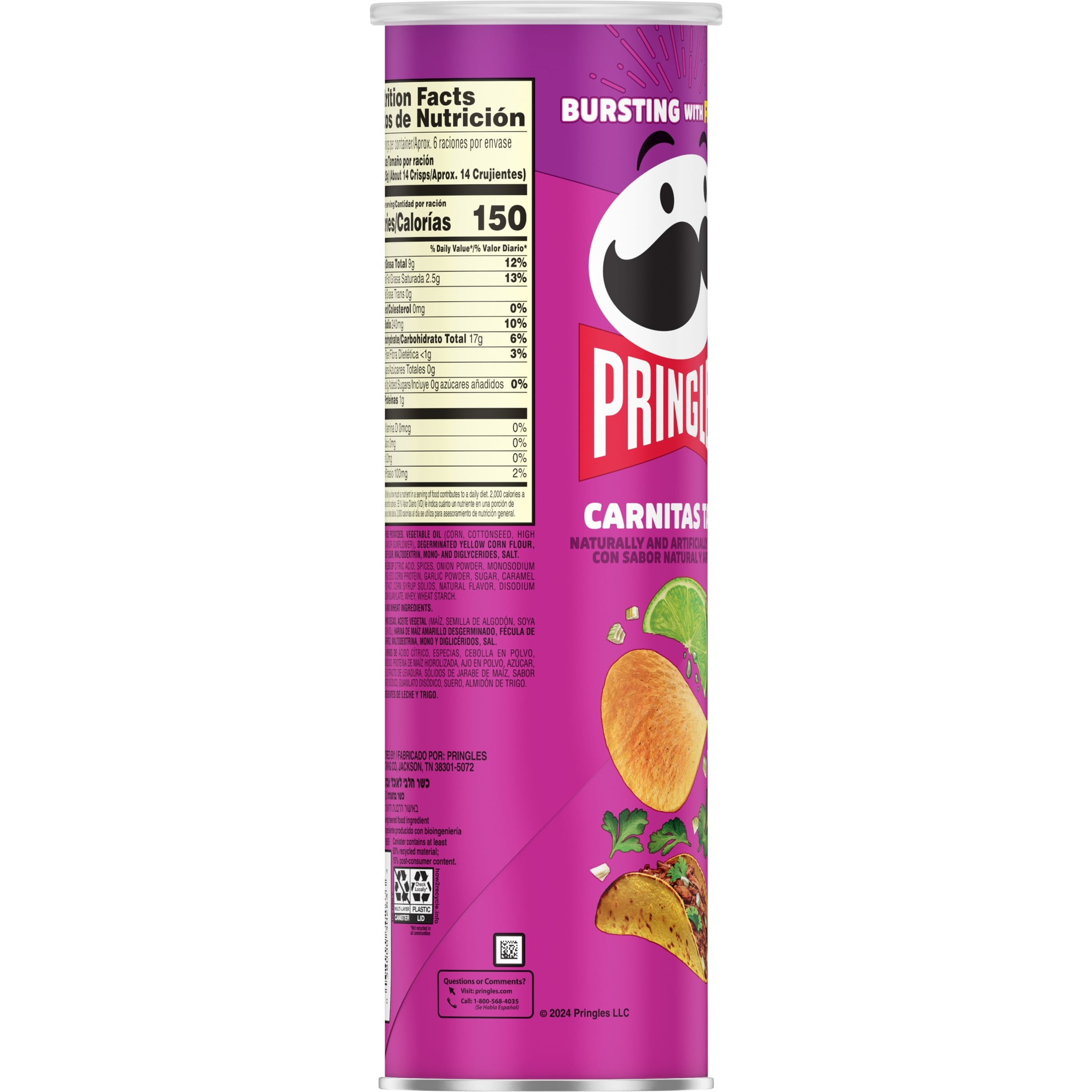 (14 pack) Pringles Carnitas Taco Potato Crisps Chips, Lunch Snacks, 5.5 oz Canister
