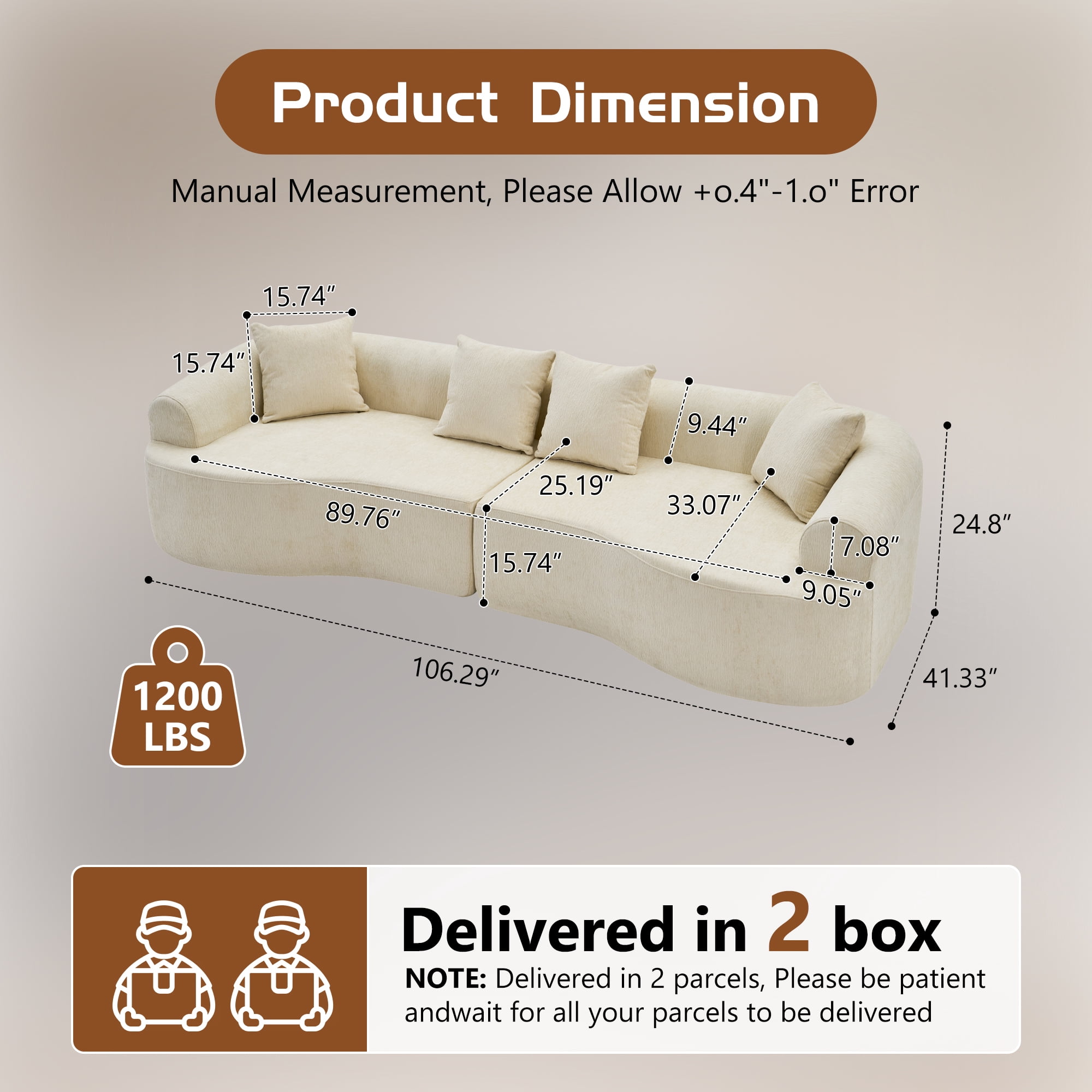 Leumius 108" Curved Boneless Sofa, Compression Modular Sectional, Chenille Couches Sleeper for Living Room Bedroom Apartment Lounge White