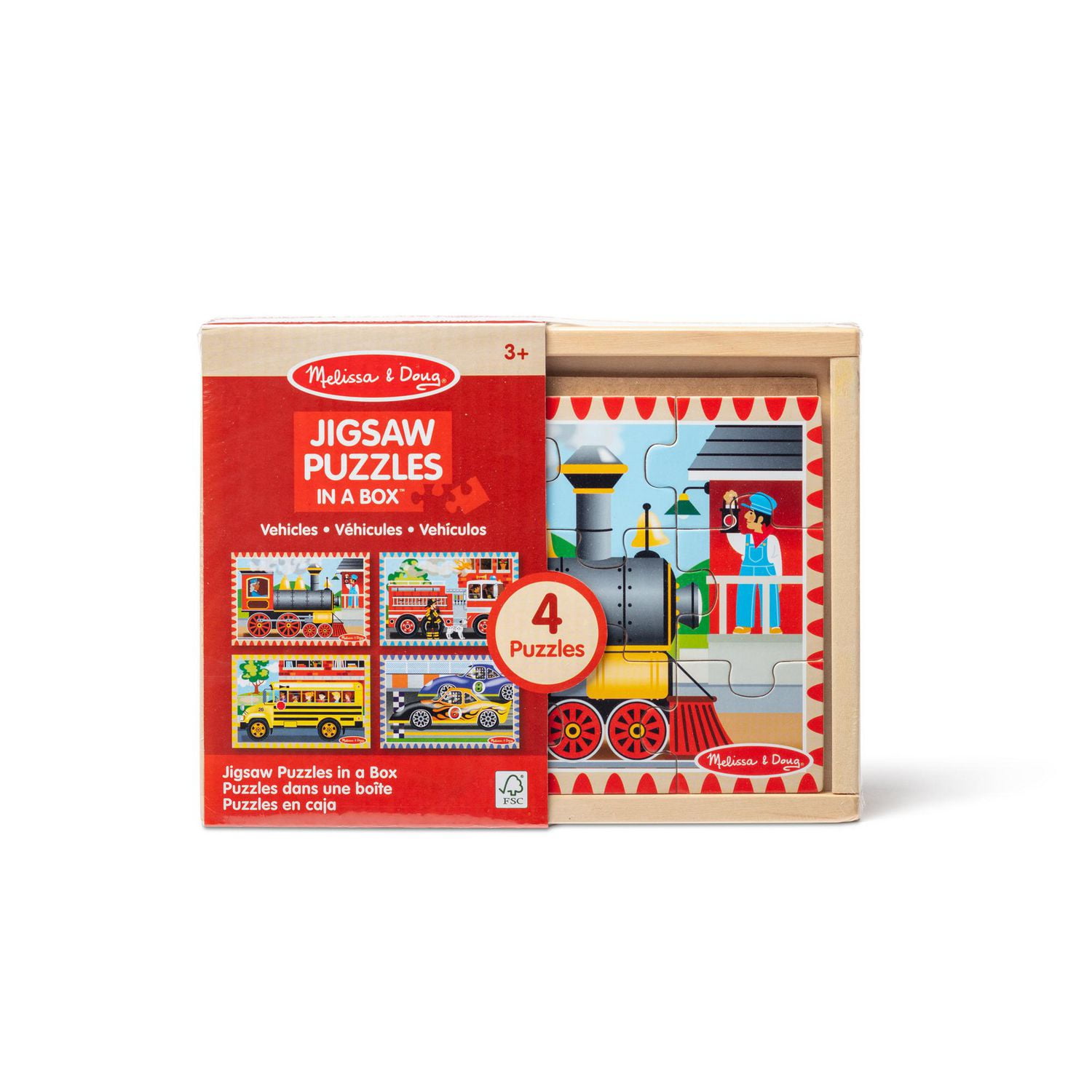 Melissa & Doug Vehicles 4-in-1 Wooden Jigsaw Puzzles in a Storage Box (48 pcs) - FSC Certified