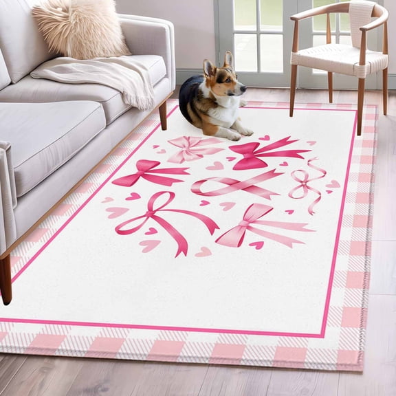 Valentine's Day Area Rugs 4'x6', Washable Small Throw Rugs for Office Bathroom, Pink Bows Romantic Love Heart Checkered Indoor Outdoor Rug Non-Slip Low Pile Carpet Runner Reversible Floor Mats