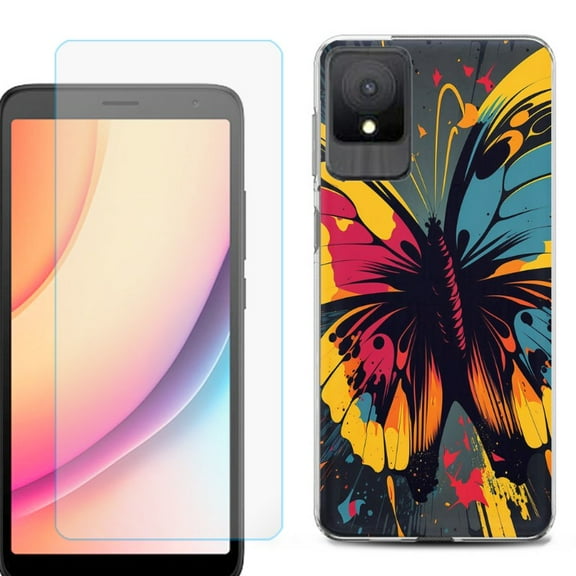 For TCL K11 Phone Case Cover, Shockproof Case with Tempered Glass Screen Protector, by OneToughShield - Abstract Butterfly