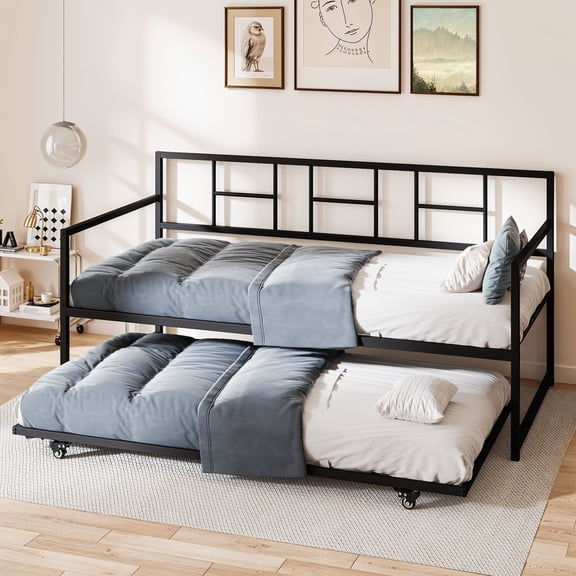Uforic Twin Daybed with Trundle, Adjustable Height, and Steel Slat Support, Space-Saving Multi-Functional Sofa Bed for Living Room (Black)