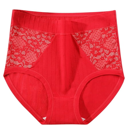 Diufon Womens Plus Size Lace Underwear High Waisted Briefs Solid Color Flattering-Cozy Cotton Panties (5X-Large  Red)