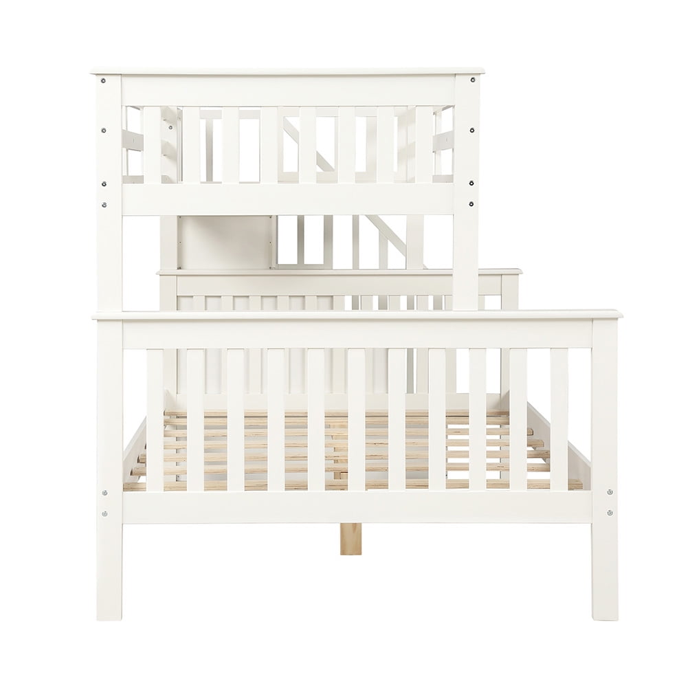 Private Jungle Solid Wood Twin-Over-Full Stairway Bunk Bed with Drawers/Storage/Trundle and Guard Rail for Bedroom and Dorm,White
