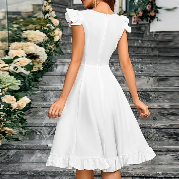 Cavosen Evening Dresses for Women Elegant Classy White Ruffle Sleeve  Sleeveless A-Line Calf Length Party Dress Crew Neck Solid Tea Length Midi  Dress Flowy Bubble Bodycon Wedding Guest Dress - Walmart Business