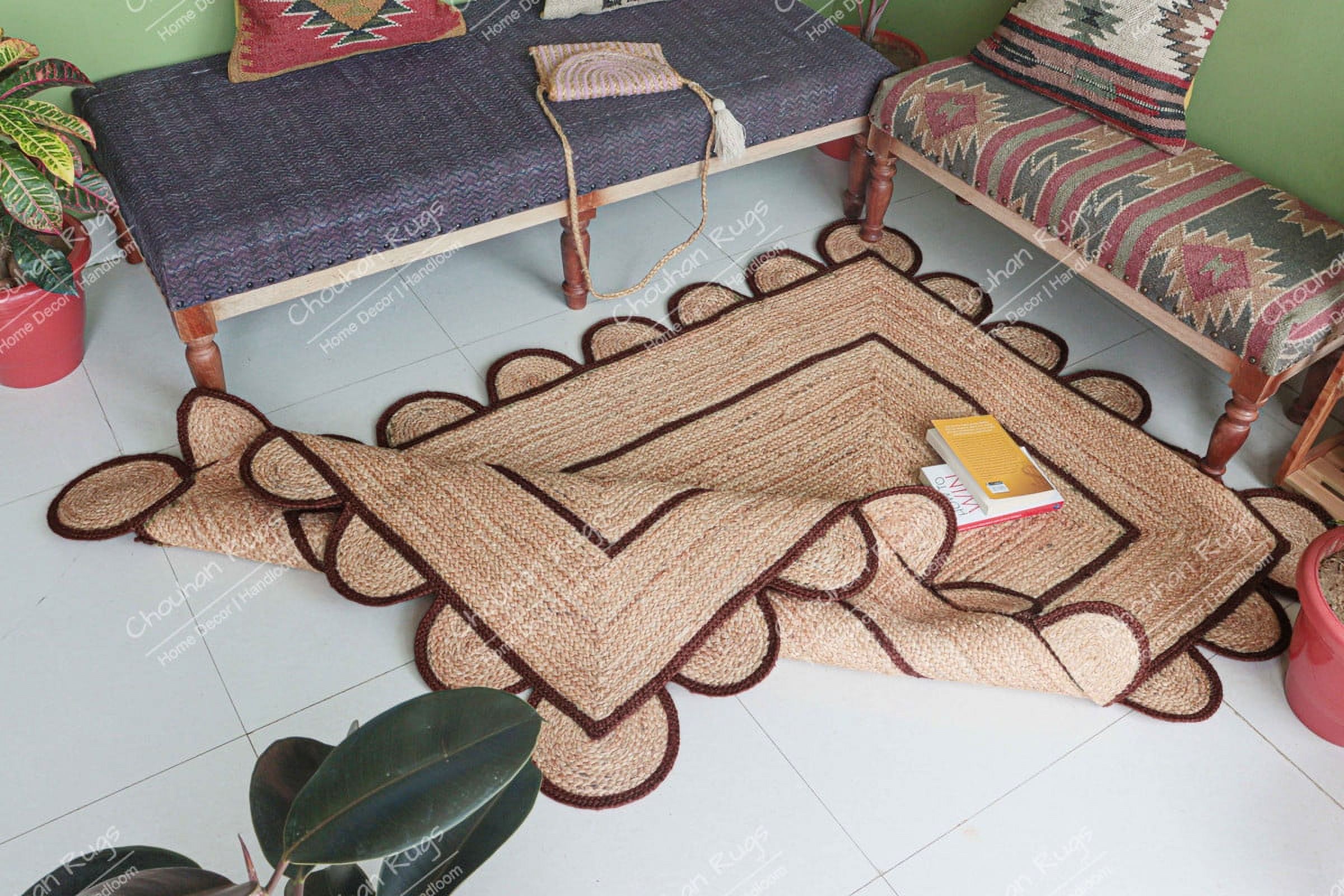 Area Rug Natural Jute Hand Braided Rug Brown Scalloped Runner