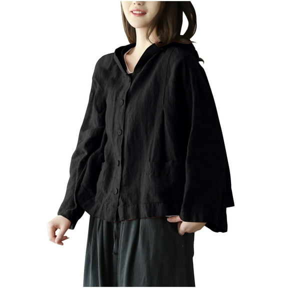Caywon Women's Fashion Solid Color Cotton Linen Hooded Long Sleeve Outer Short Coat Long Sleeve Hooded Casual Coat Jacket Lightweight Cotton Linen Blend Black M