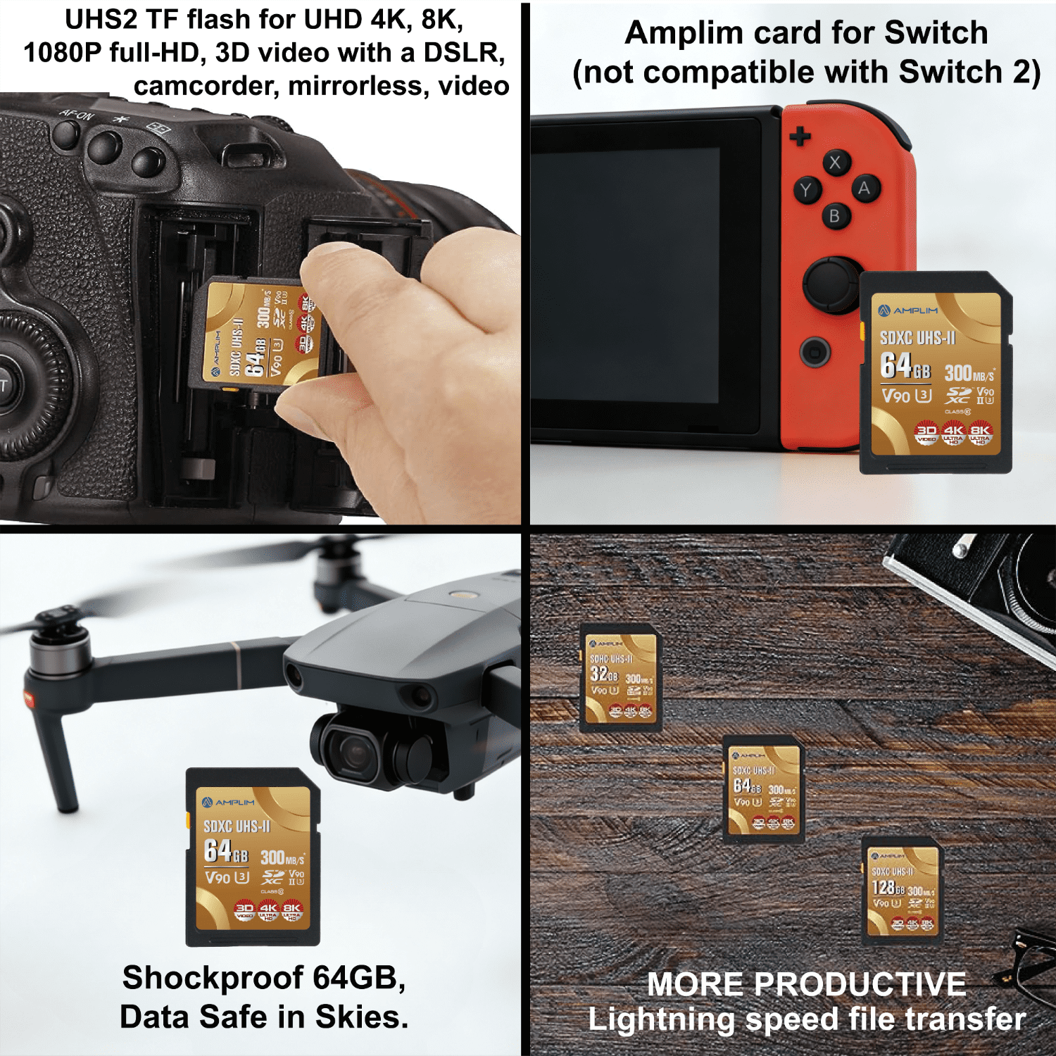 Amplim 64GB SDXC SD Card, UHS-II V90 300MB/s (2000X) UHSII U3 Extreme High Speed 64 GB SD XC Memory