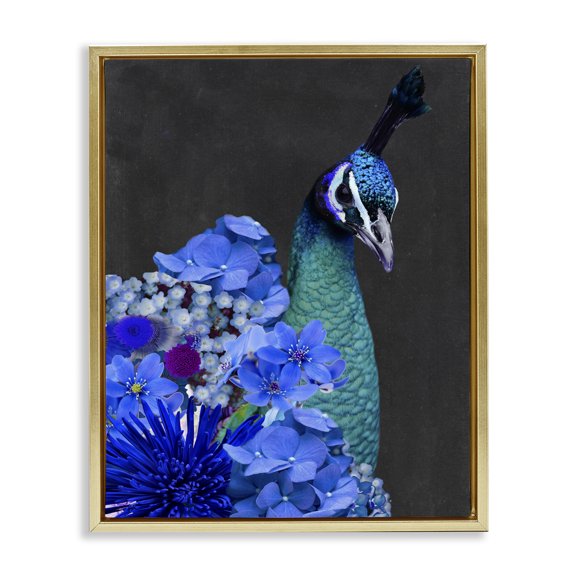 Stupell Industries Bohemian Peacock with Blue Flowers Gold Floating Frame Canvas Art, 25 x 31, by Alicia Longley