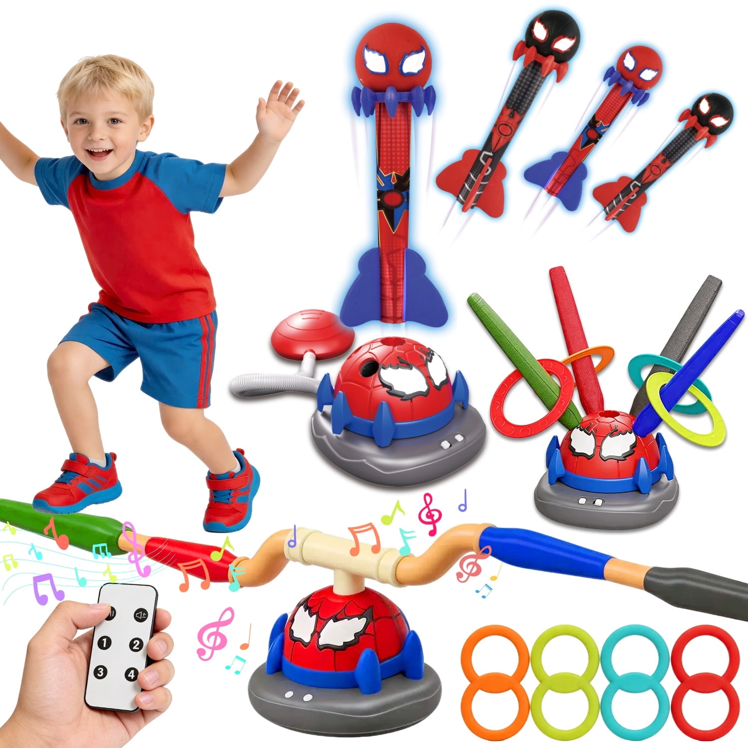 Chuvikid 3 in 1 Spider Rocket Launcher for Kid Ring Toss Game Jump Toys with Remote Control Outside & Indoor Sports Toys Gifts for Kids Ages 3-8
