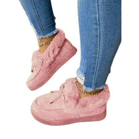 

Woobling Women s Bowknot Loafers Moccasins Plush Lined Slip On Casual Shoes Winter Warmer
