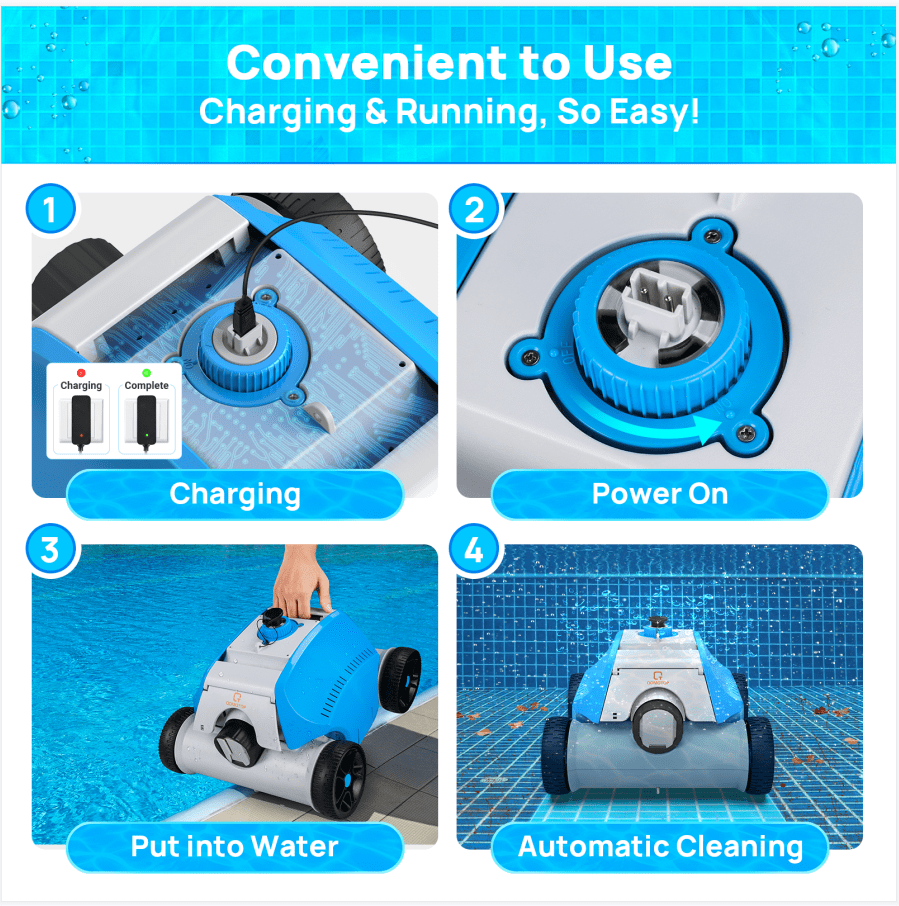 Ideal for Flat Bottom Above Ground/In-Ground Swimming Pools Up to 120 Mins Running Cycle Automatic Robotic Pool Cleaner with 6600mAh Rechargeable Built-in Battery Cordless Pool Cleaner 