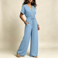 thumbnail image 5 of Women's V Neck Short Sleeve Jumpsuit Cinched Waist Casual One Piece Romper with Long Pants Summer Fashion Outfit Light Blue XL(XL), 5 of 6