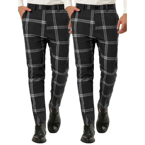 NOMADIC NOOK Men's Slim Fit Flat Front Checked Printed Business Pants 2 Pack